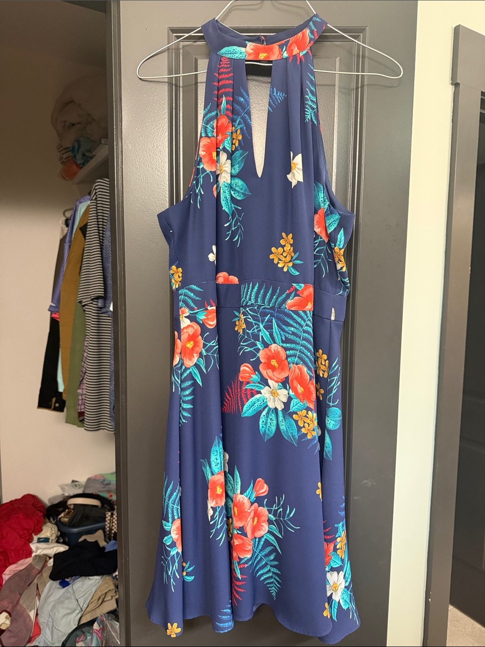 Express Navy Floral Halter Midi Dress